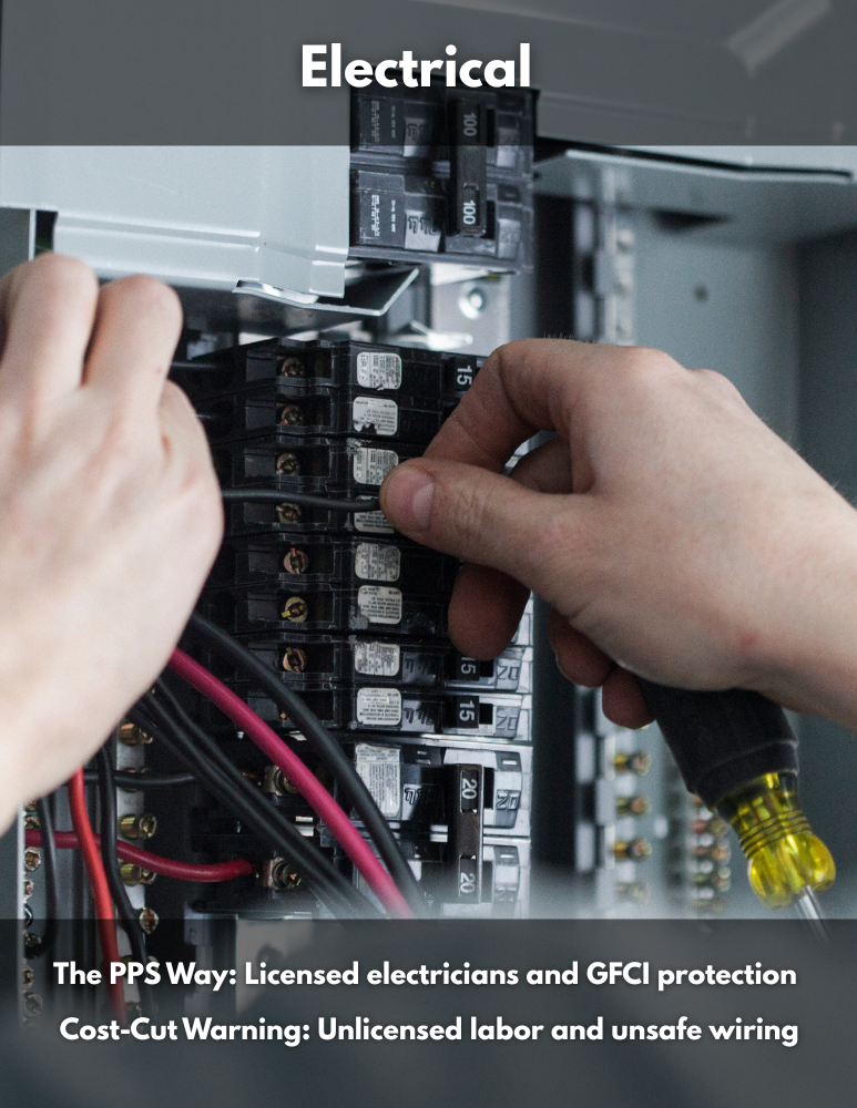 The PPS Way: Licensed electricians and GFCI protection Cost-Cut Warning: Unlicensed labor and unsafe wiring 