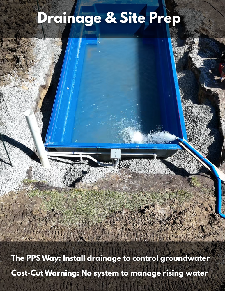 The PPS Way: Install drainage to control groundwaterCost-Cut Warning: No system to manage rising water