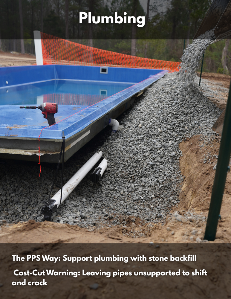 The PPS Way: Support plumbing with stone backfill Cost-Cut Warning: Leaving pipes unsupported to shift and crack